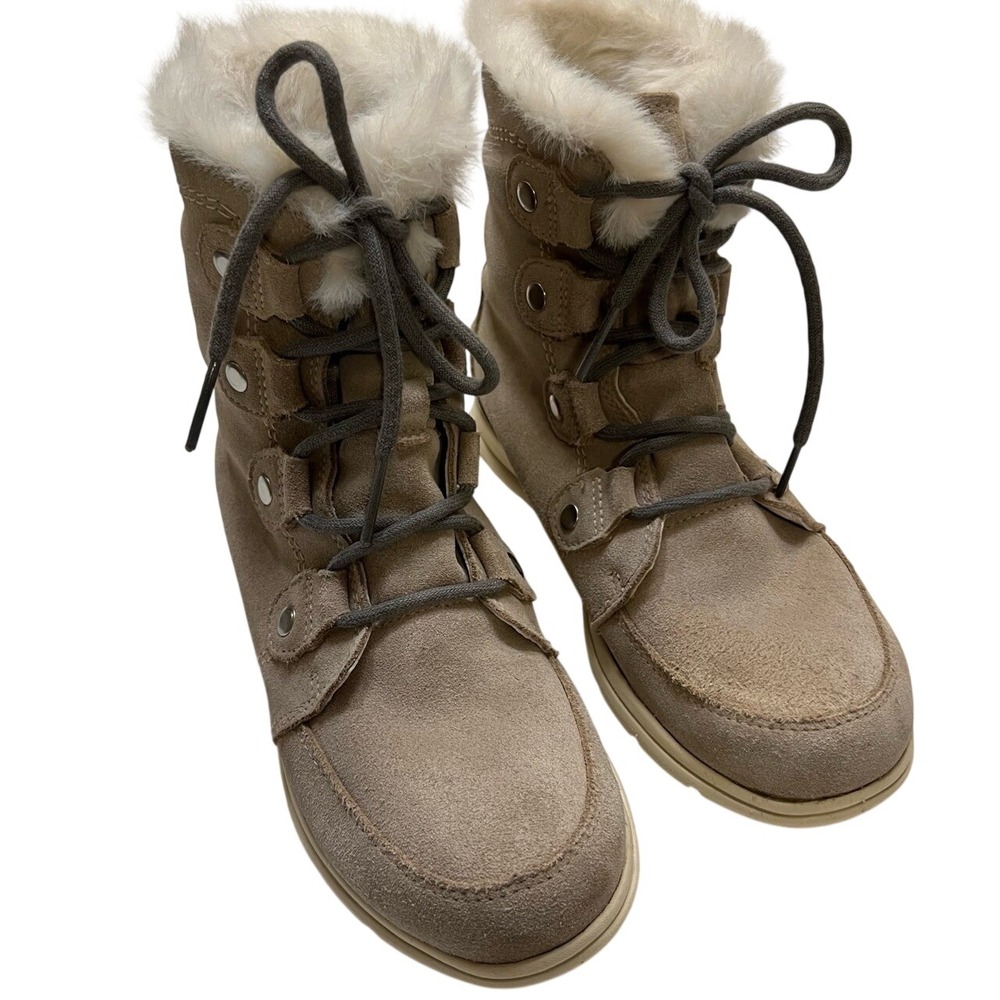 Sorel Explorer Boots Gray Suede w/ White Faux‎ Fur Size 7.5